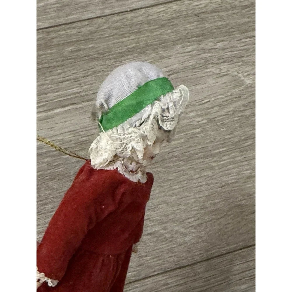 VTG Victorian Style Porcelain Woman Doll Red Velvet Dress/Holly Bonnet Ornament